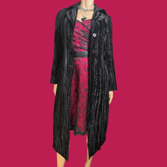 Y2K Guess Black Velvet Long Jacket Trench Coat Size S Gothic Witchy Whimsigoth - Picture 6 of 14